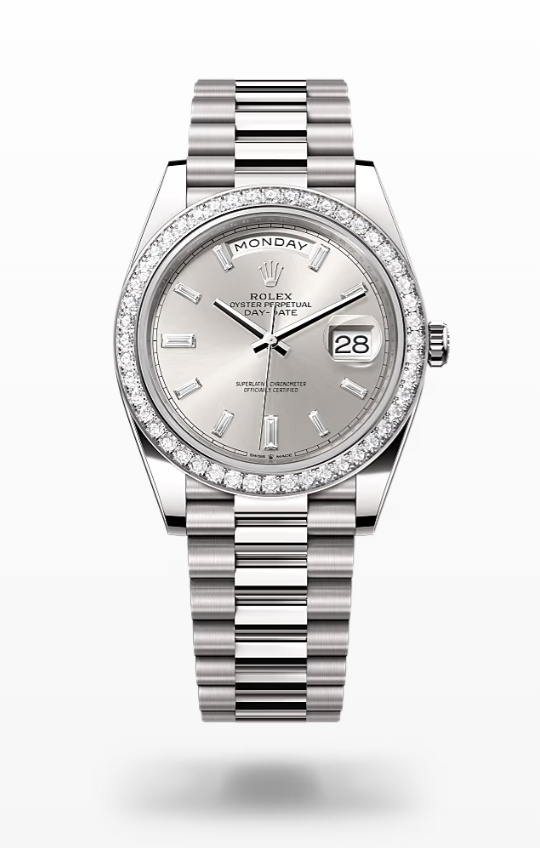 Rolex Day-Date - Silver set with diamonds - White gold and diamonds Rolex Day-Date Diamond